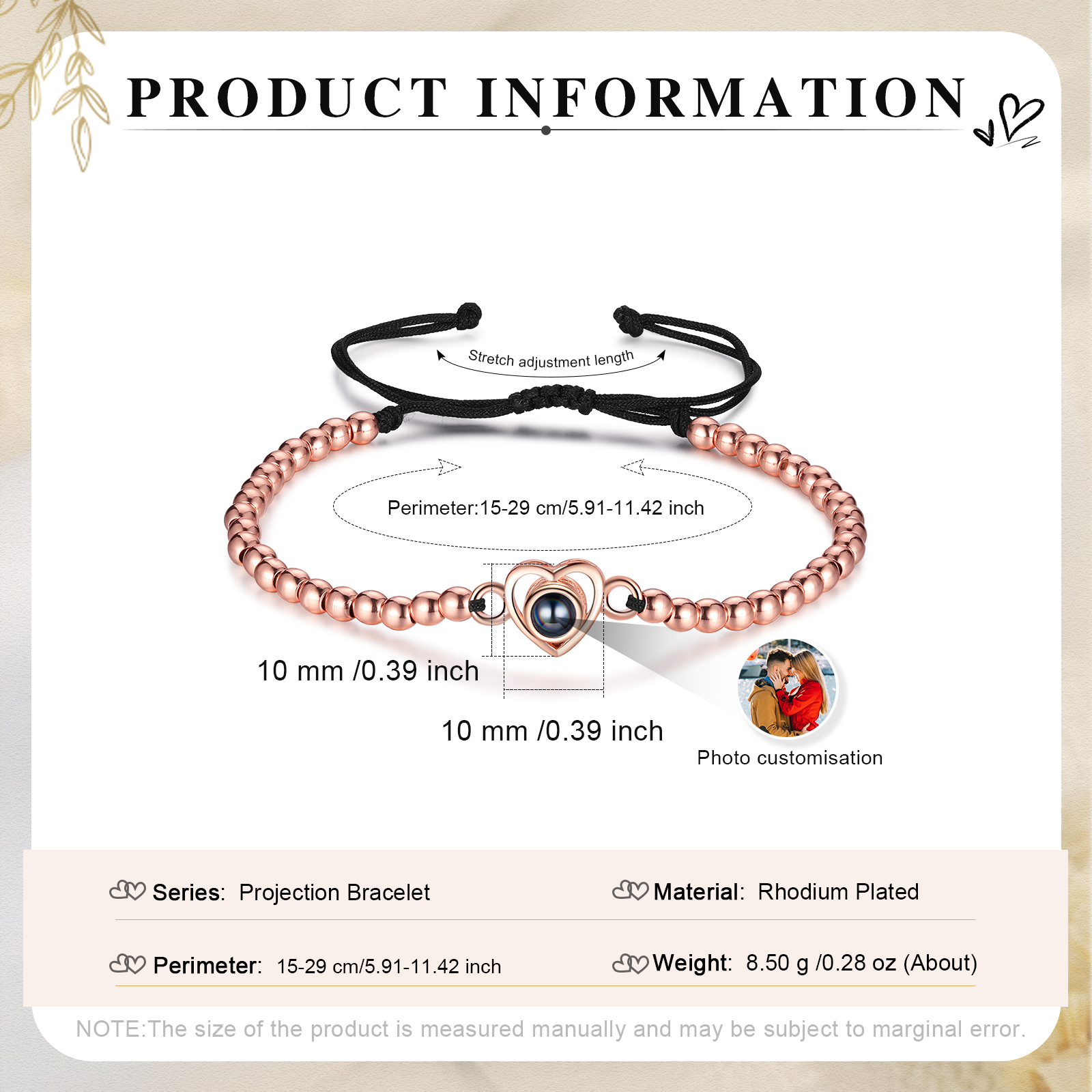 Pulsera con proyección de foto en color con dije de corazón pulsera de perlas ajustable-Jessemade ES