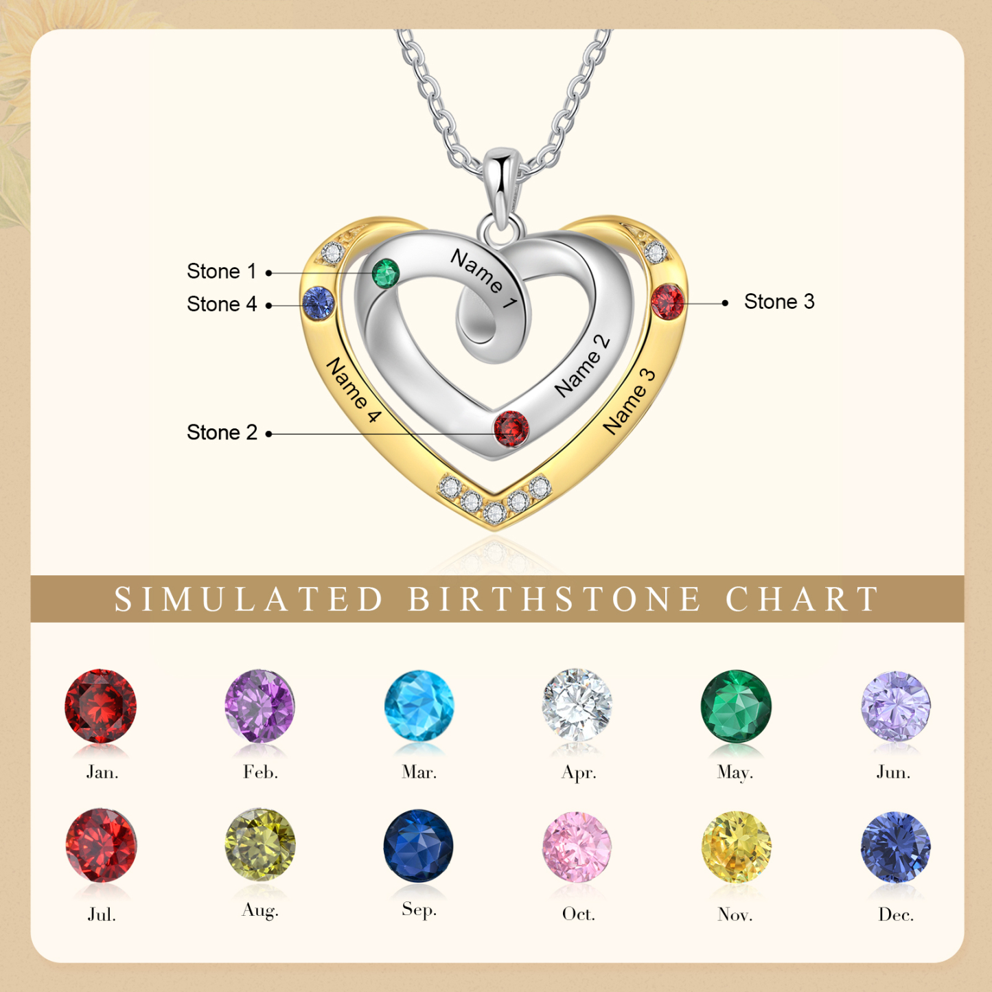 Collar de corazón con 4 nombres y piedras de nacimiento personalizados-Jessemade ES