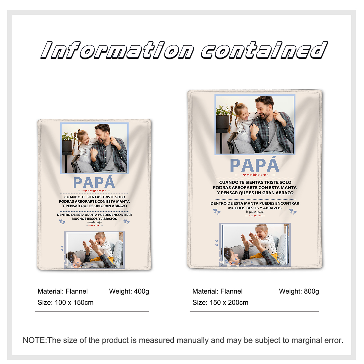 A mi padre-Manta de buen calidad personalizada con 2 fotos-Jessemade ES