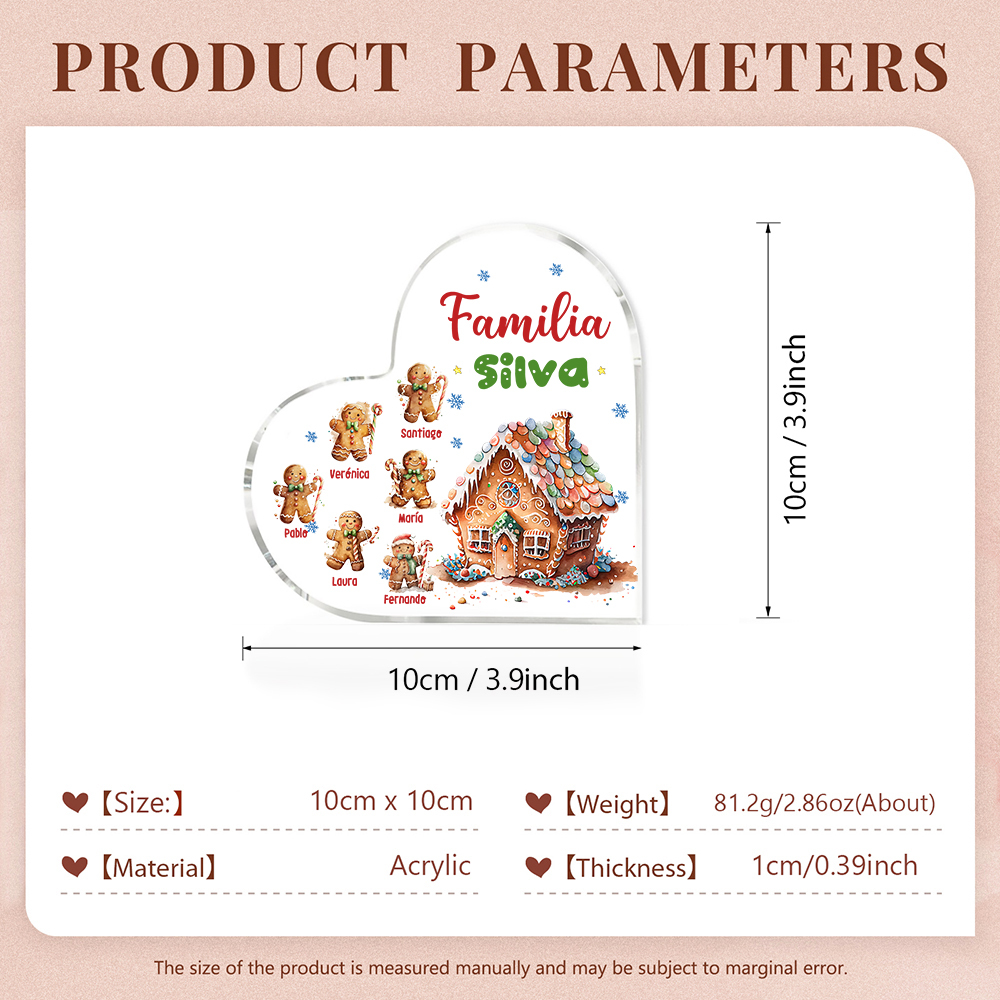 Navidad - Placa de acrílico en forma de corazón jengibres y su casa con 6 nombres y 1 texto personalizados-Jessemade ES