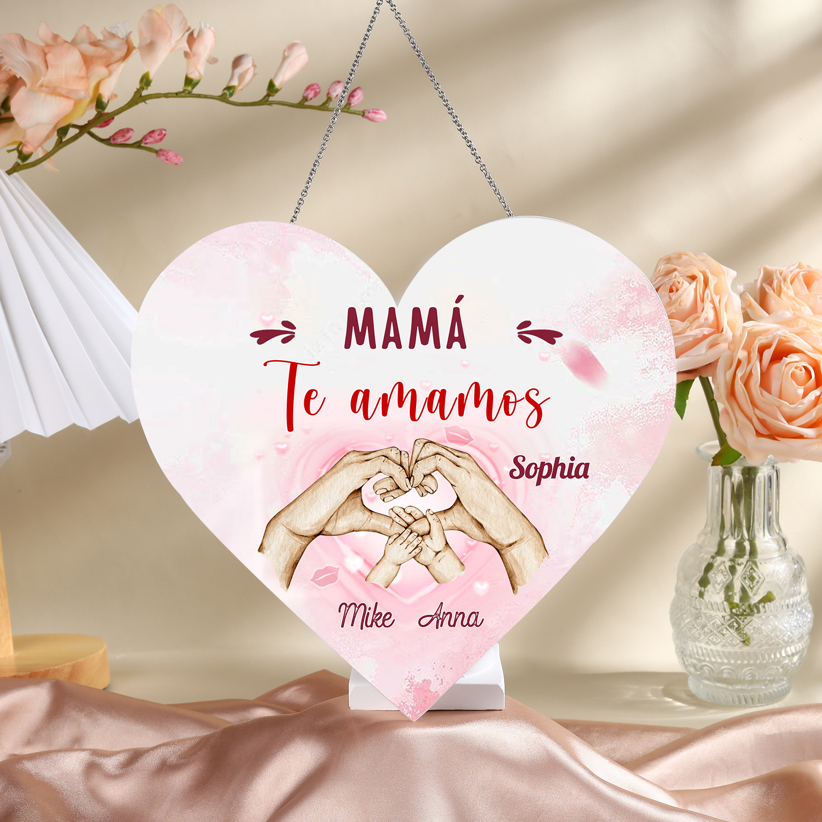 A mi mamá/abuela-Lámpara Colgante Personalizada con 2-5 Nombres y 2 Textos "mano a mano" 3D Ilusión Luz de Noche-Jessemade ES