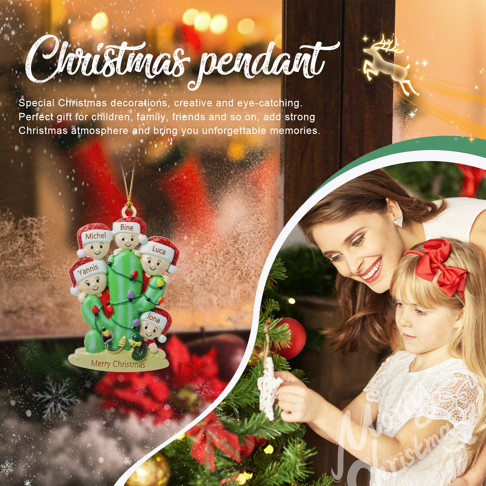 Navidad-Ornamento muñecos navideño de madera cactus 5 nombres y 1 texto personalizados adorno del árbol-Jessemade ES