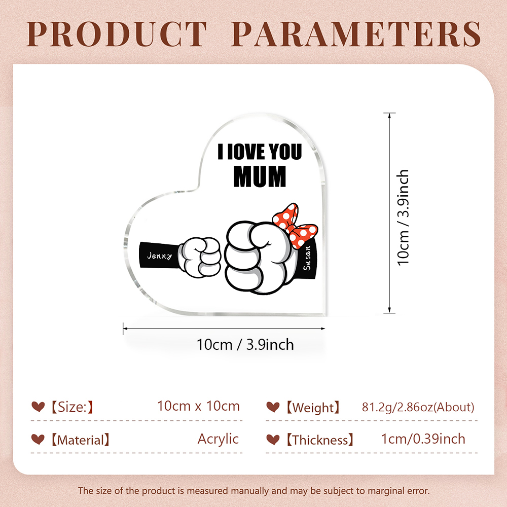 A mi mamá/abuela-Placa de acrílico "Puños" en forma de corazón 2 nombres y 1 texto personalizados-Jessemade ES