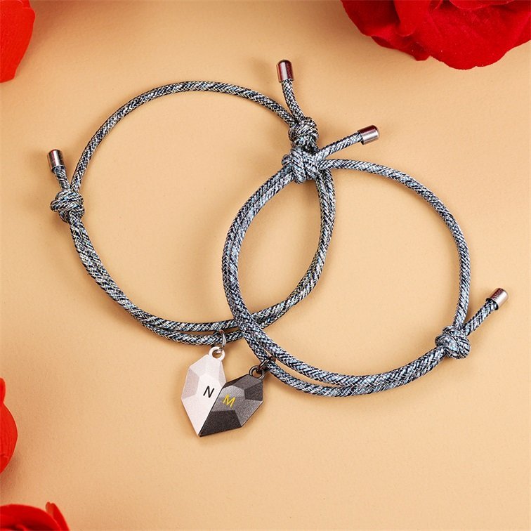 Caja Navidad-Pulseras de cuerda personalizadas para pareja con dije de corazón magnético grabado de dos letras-Jessemade ES