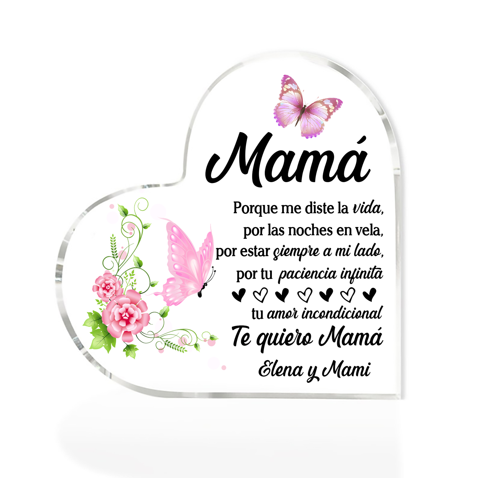 A mi mamá-Placa de acrílico en forma de corazón mariposas y frases amorosos 1 texto personalizado-Jessemade ES