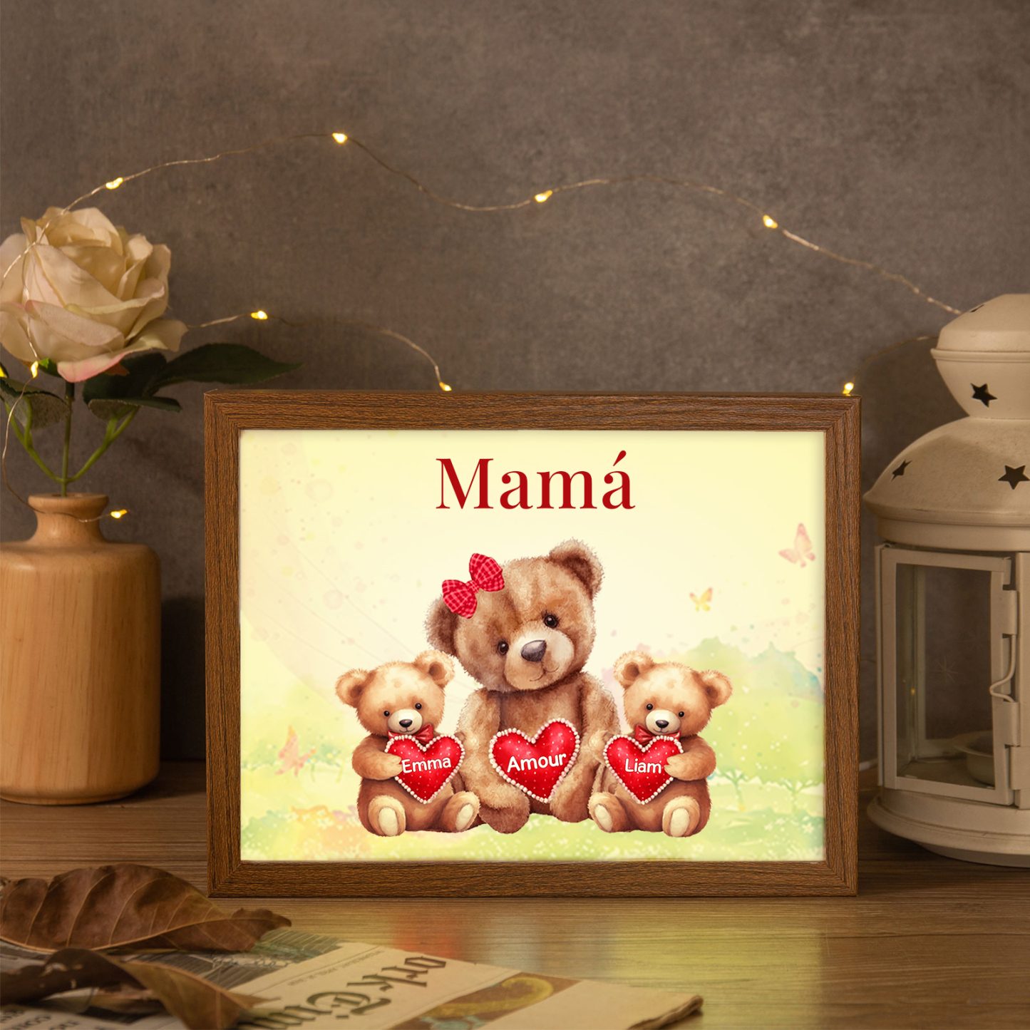 Marco con LED Familia de Osos 1-4 Nombres Personalizados con 1 Texto-Jessemade ES
