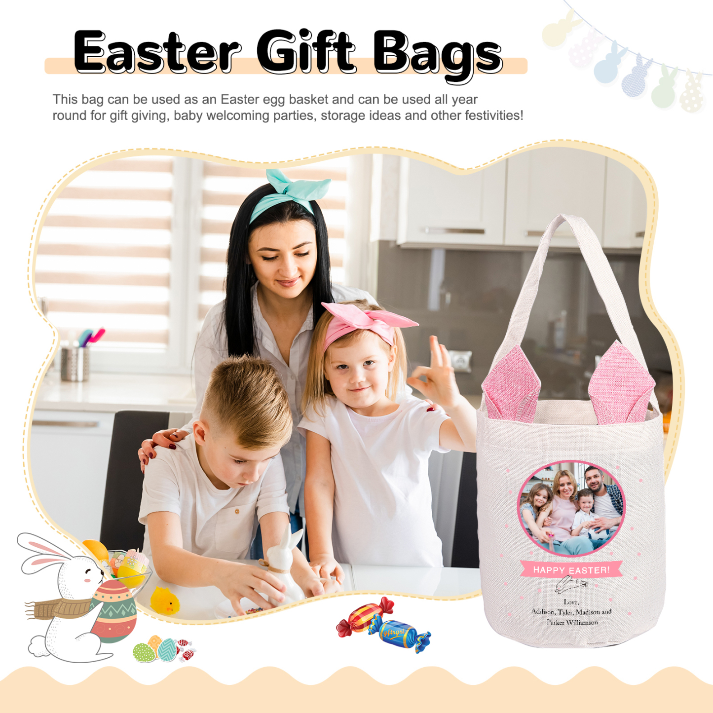 Pascua-Bolsa de conejo con 2 textos y 1 foto personalizados-Jessemade ES