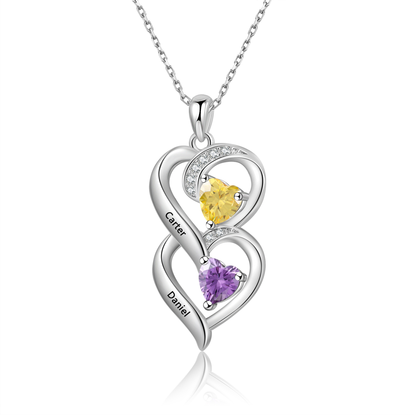Collar de dos corazones con 2 nombres y piedras de nacimiento personalizados-Jessemade ES