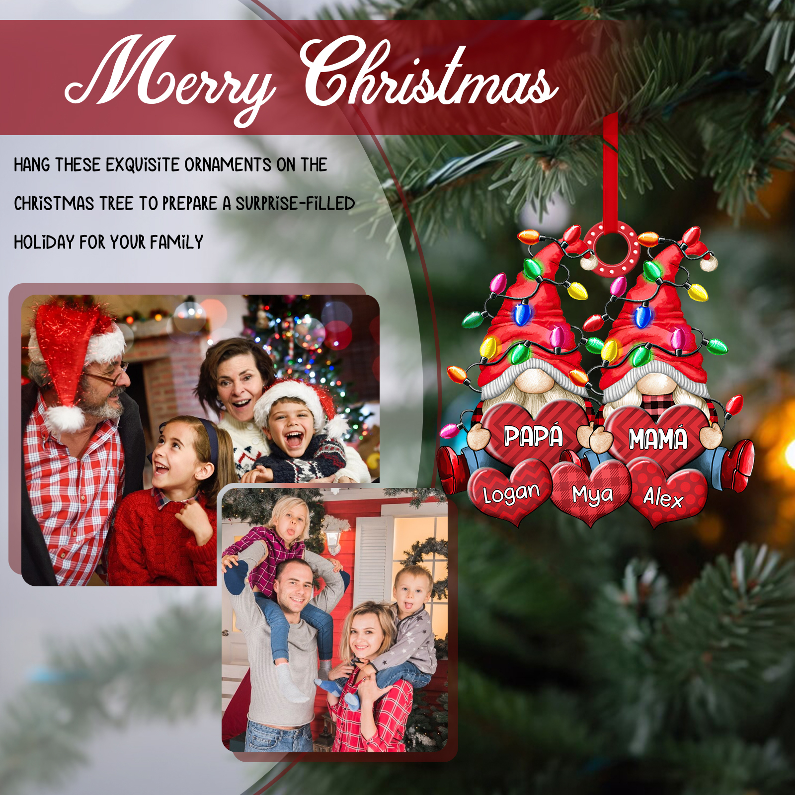 Navidad-Ornamento de duendes y corazones de madera para familia 5 nombres personalizados | Jessemade