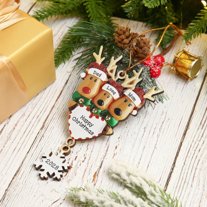 Navidad-Ornamentos Navideños de Madera Renos 3 Nombres con Texto y Año Personalizados