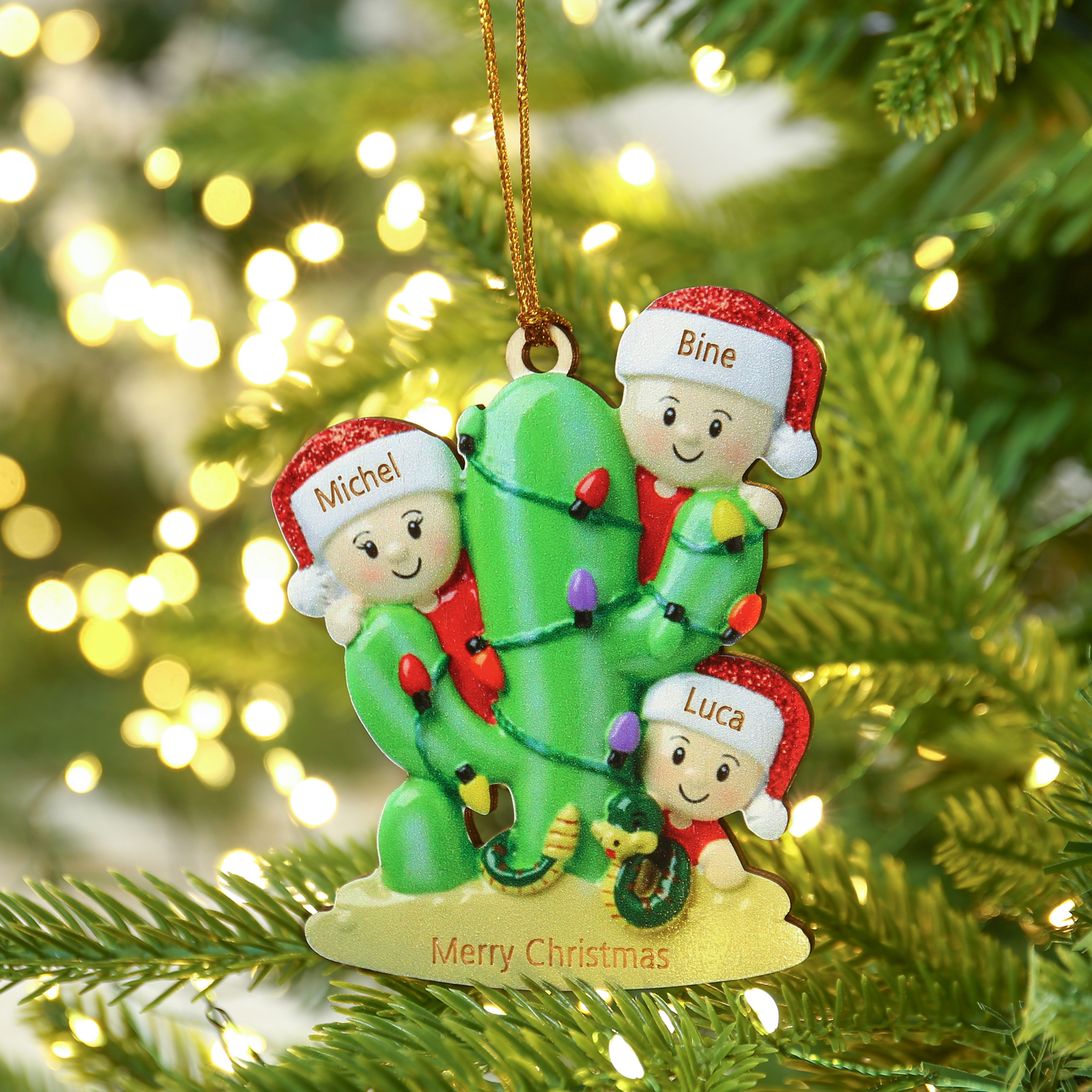 Navidad-Ornamento muñecos navideño de madera cactus 3 nombres y 1 texto personalizados adorno del árbol-Jessemade ES