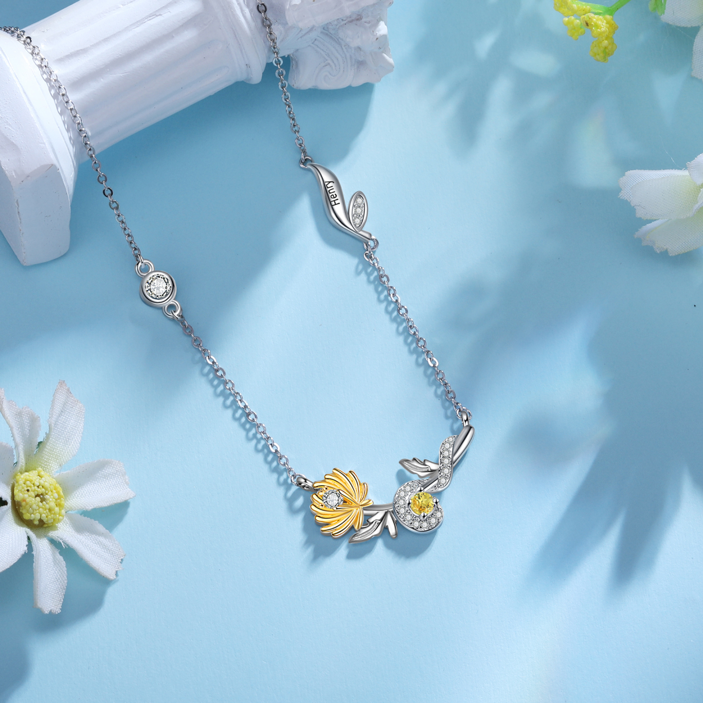 Collar de flor de noviembre crisantemo con nombre personalizado y piedra de nacimiento-Jessemade ES