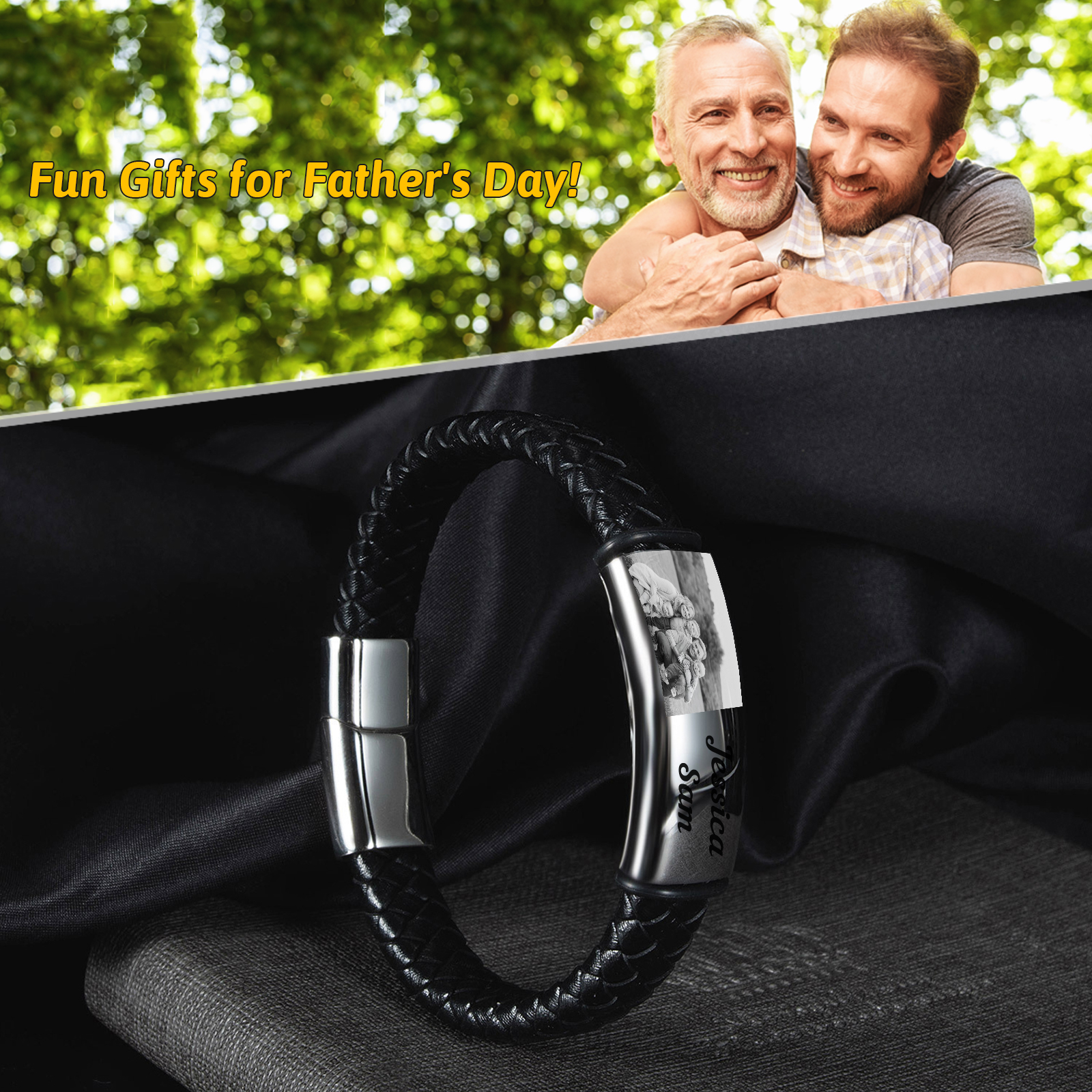 A mi papá-Pulsera de cuero trenzado personalizada con 2 nombres y 1 foto para hombre-Jessemade ES