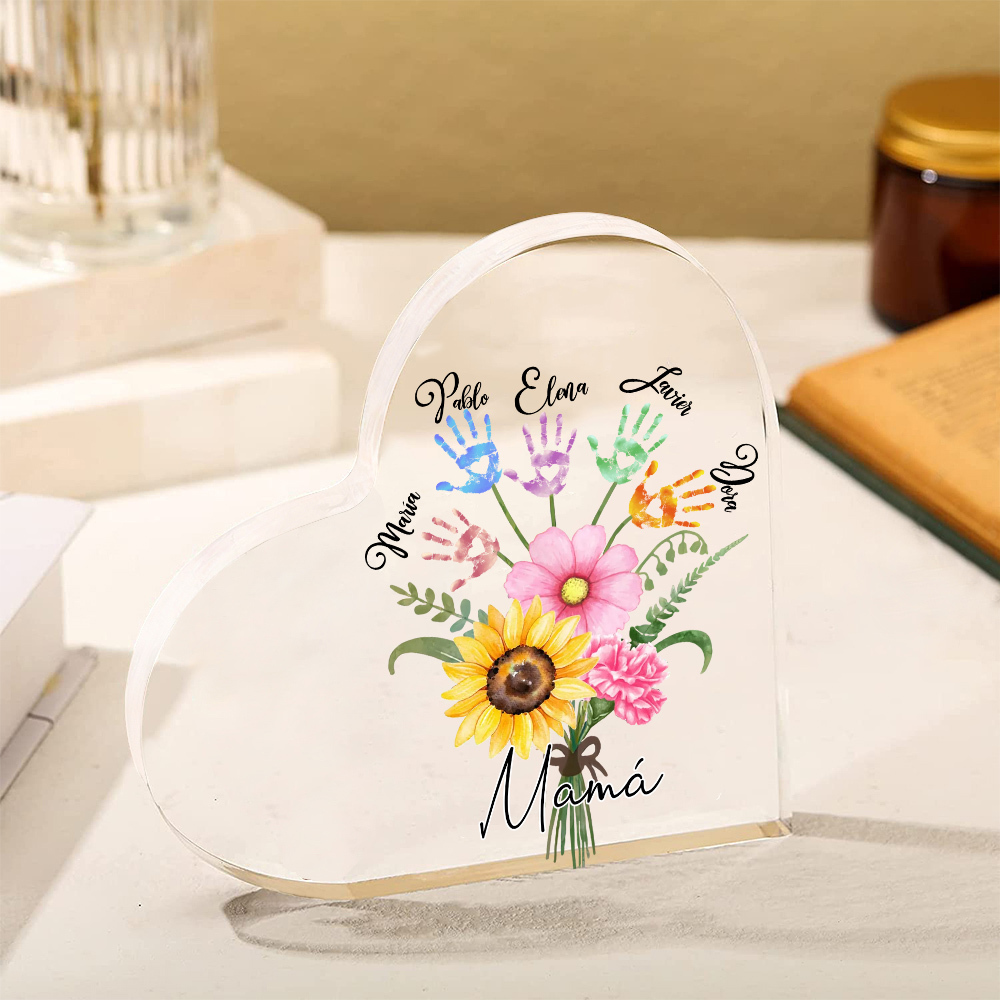 A mi mamá-Placa de acrílico en forma de corazón flor y manitas 1-5 nombres personalizados-Jessemade ES