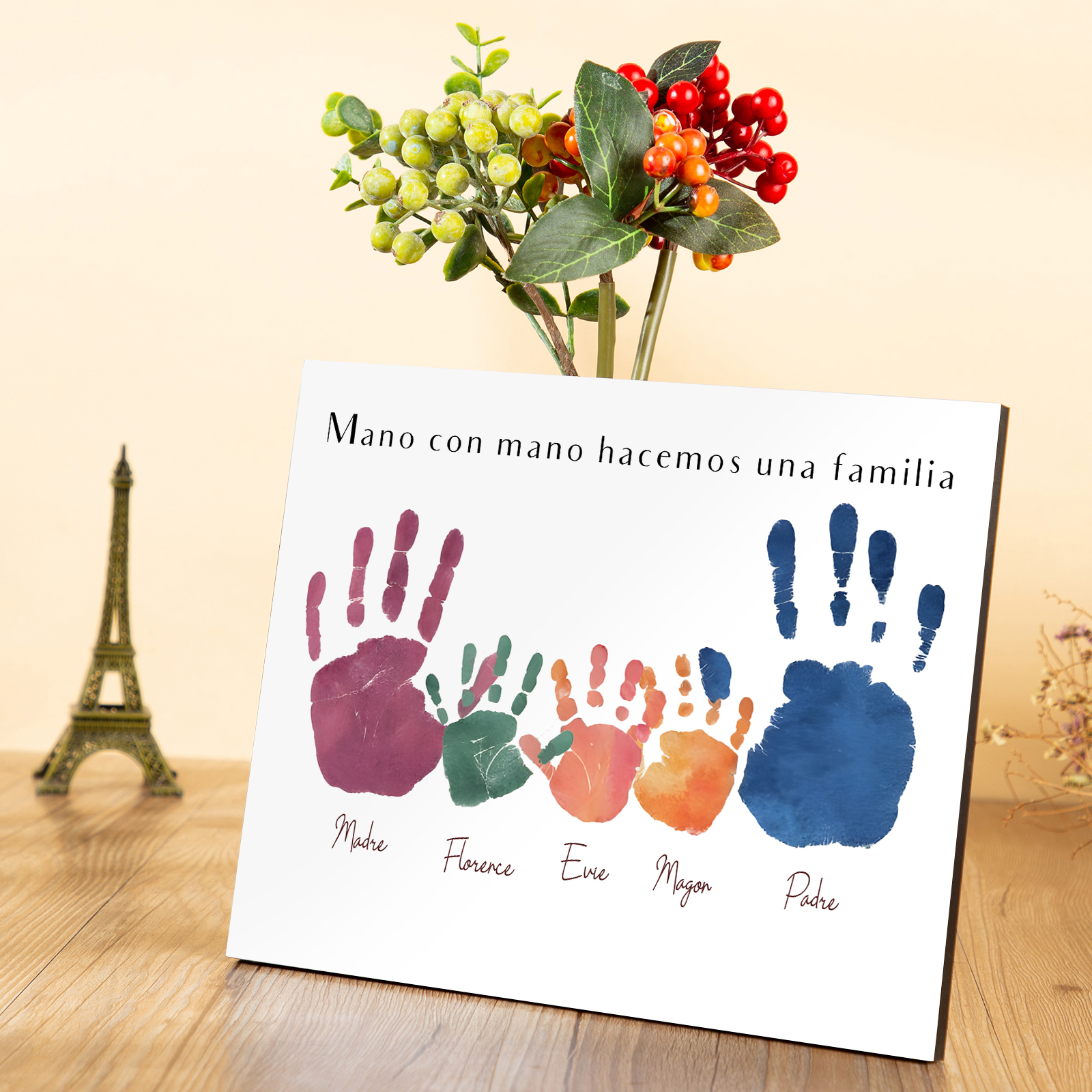 A familia - Lámina 3-5 nombres personalizados marco de madera huellas de mano-Jessemade ES