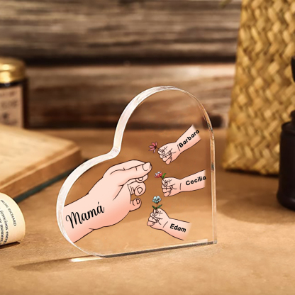 A mi mamá/abuela-Placa de acrílico en forma de corazón mano y manitos 1-8 nombres y 1 texto personalizados-Jessemade ES