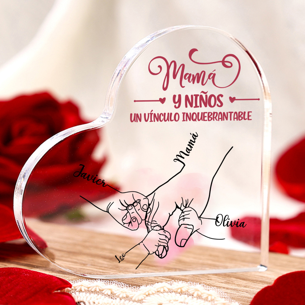 A mi mamá-Placa de acrílico en forma de corazón mano y manitas 1-5 nombres personalizados-Jessemade ES