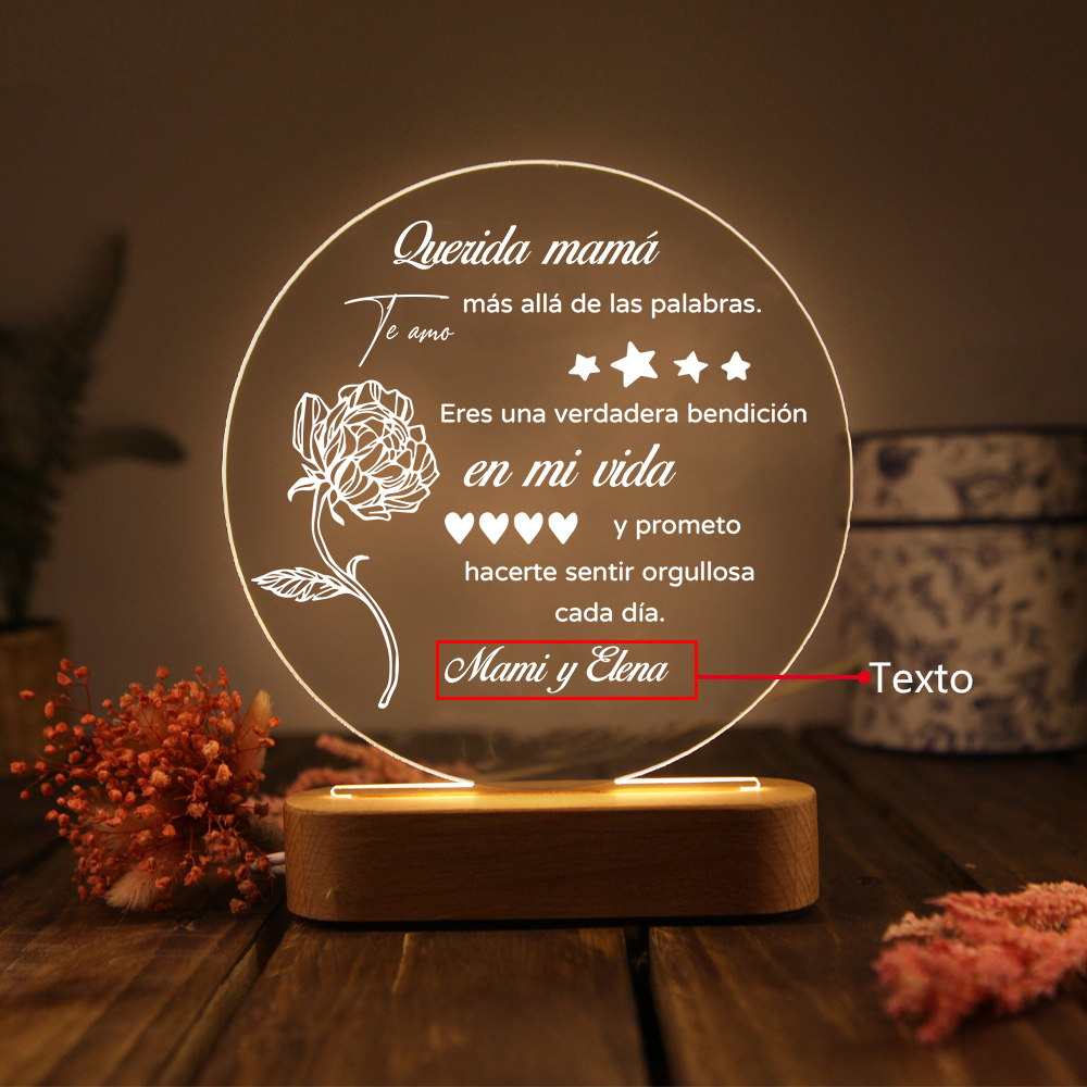 A mi mamá-Lámpara 3D Ilusión Luz de Noche Personalizada con 1 Texto-Jessemade ES