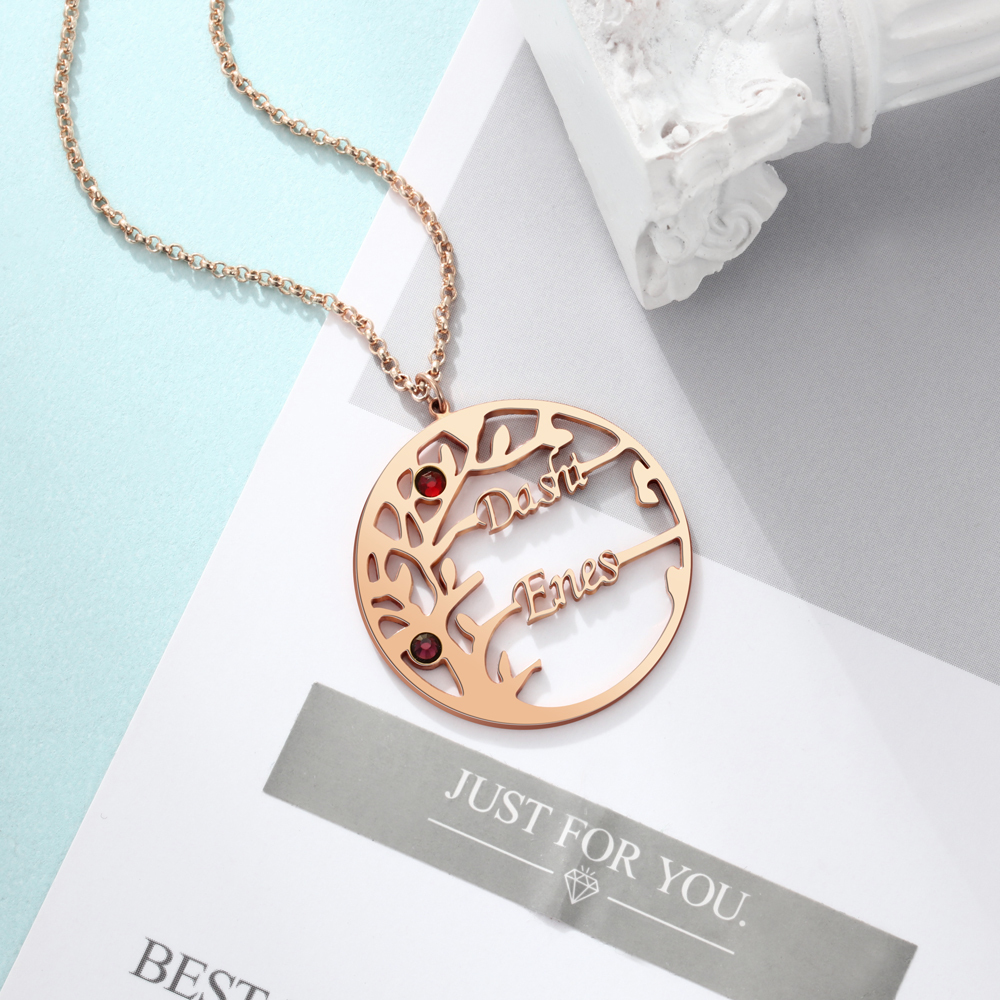 Collar de plata 925 Árbol de la Vida Árbol Genealógico 2 nombres y 2 piedras de nacimiento-Jessemade ES