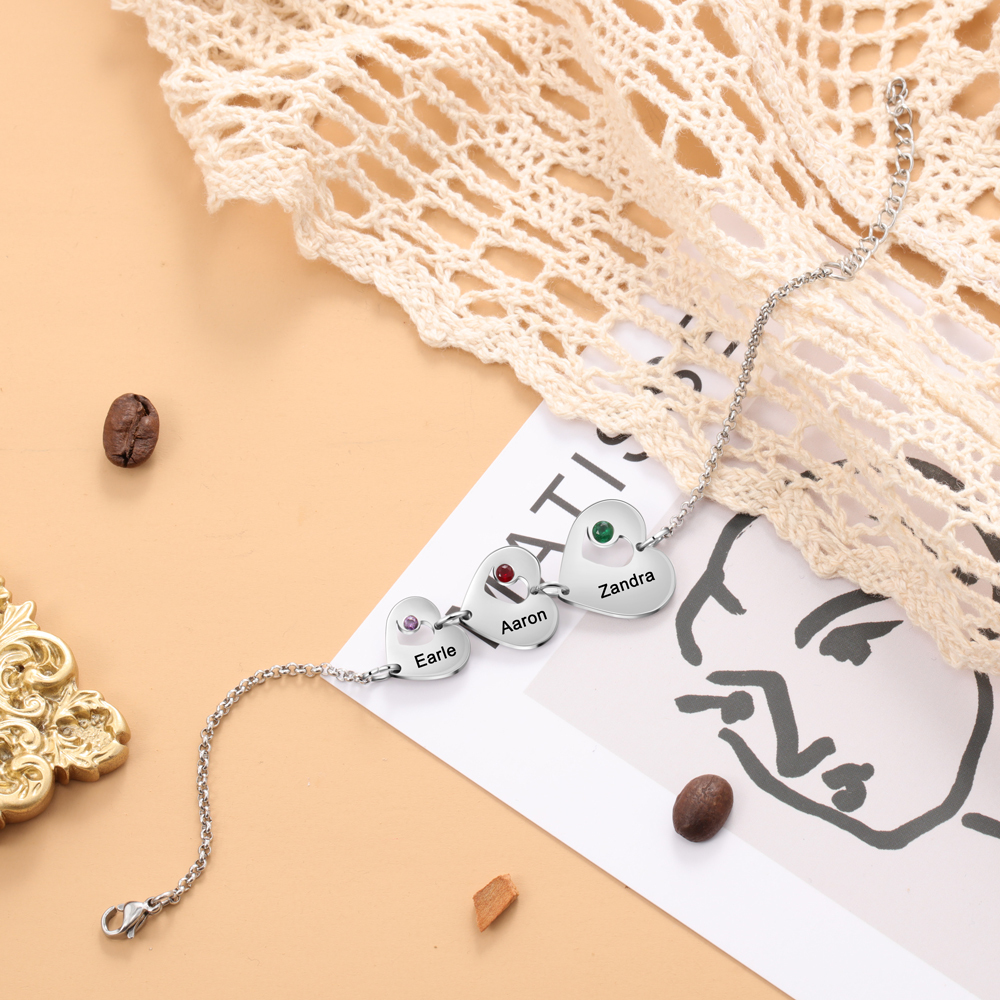 Pulsera de corazón personalizada con 3 nombres y 3 piedras de nacimiento-Jessemade ES