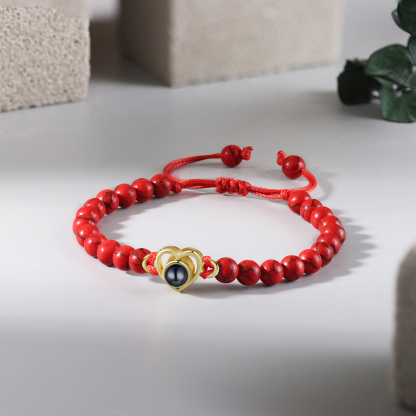 Pulsera de turquesa roja sintética con proyección de foto en color con dije de corazón pulsera ajustable-Jessemade ES