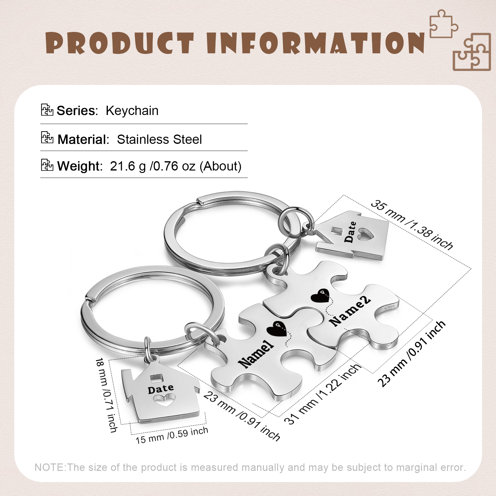 Llavero para pareja rompecabezas 2 nombres personalizados con fecha dije de casa-Jessemade ES