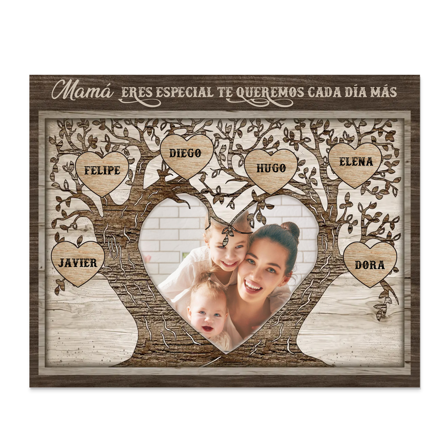 A familia - Lámina 2-9 nombres y 1 foto personalizados marco de madera árbol de la vida-Jessemade ES