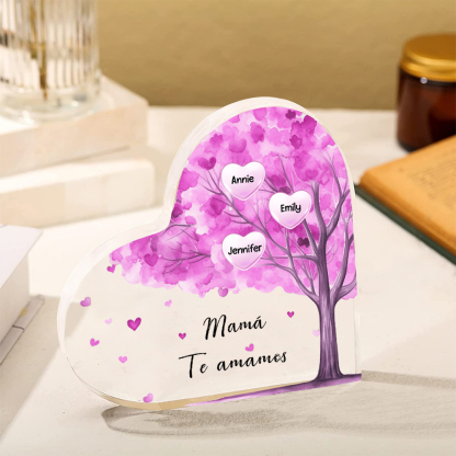 A mi mamá/abuela-Placa de acrílico "Árbol" en forma de corazón 3 nombres y 1 texto personalizados-Jessemade ES