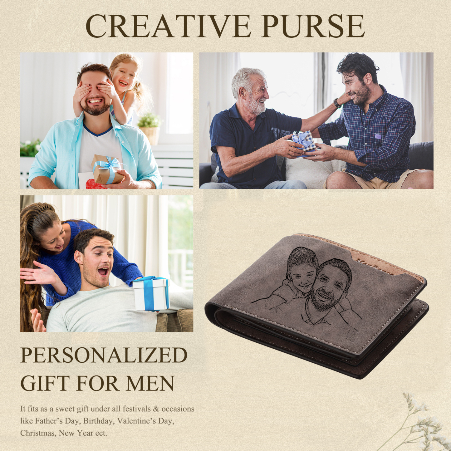 Kit de regalo-Llavero, cartera y bolígrafo con fecha y texto personalizados con 2 fotos para hombre-Jessemade ES