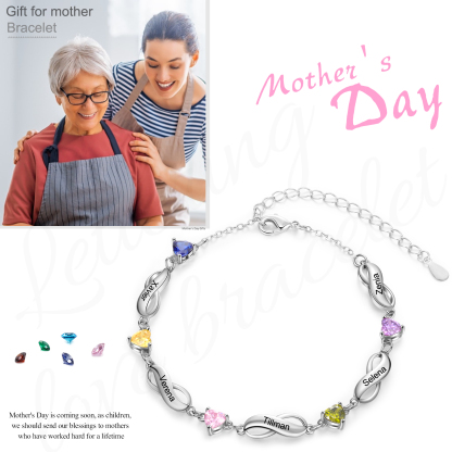 Pulsera "infinito" personalizada con 5 nombres y 5 piedras de nacimiento de corazón-Jessemade ES