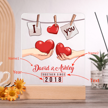 Lámpara corazones para pareja 3D Ilusión Luz de Noche LED 2 nombres, texto y año personalizados -Jessemade ES