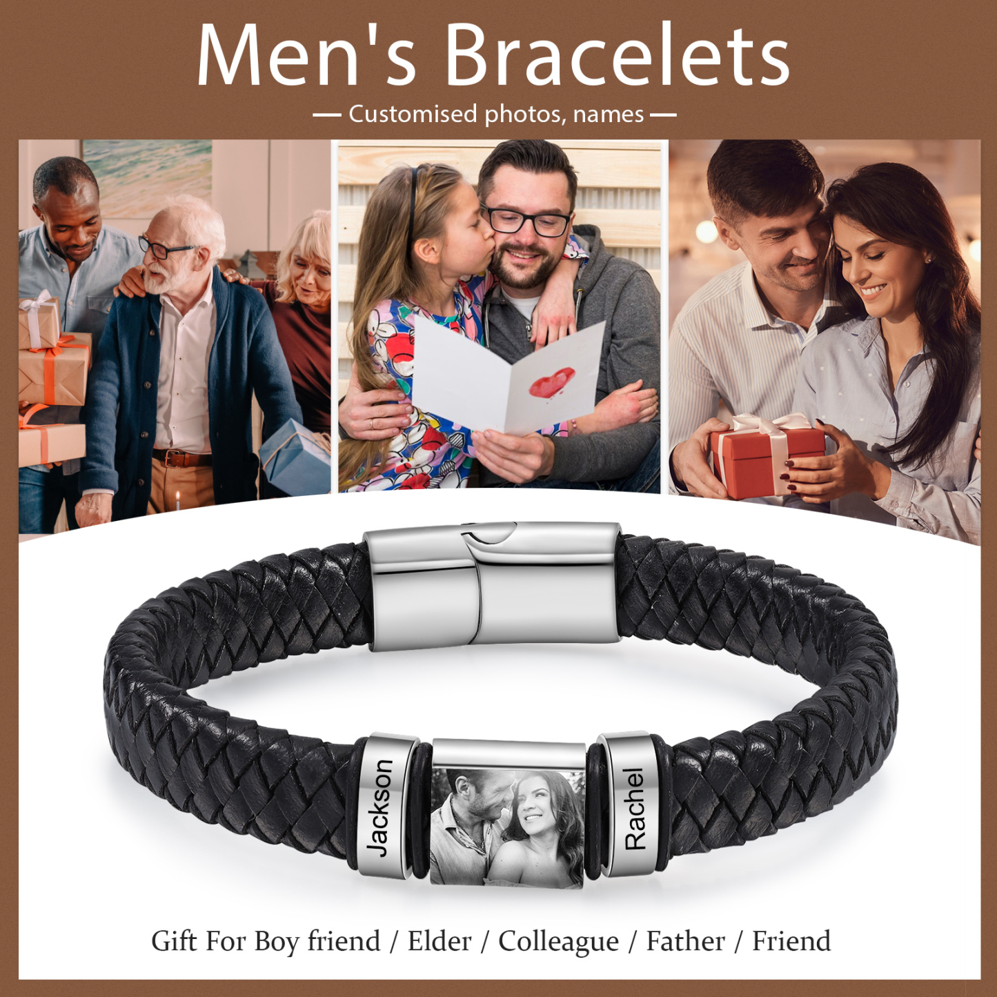 Pulsera de Cueros Trenzados Aros Personalizados de 2-5 Nombres y Placa de Foto-Jessemade ES