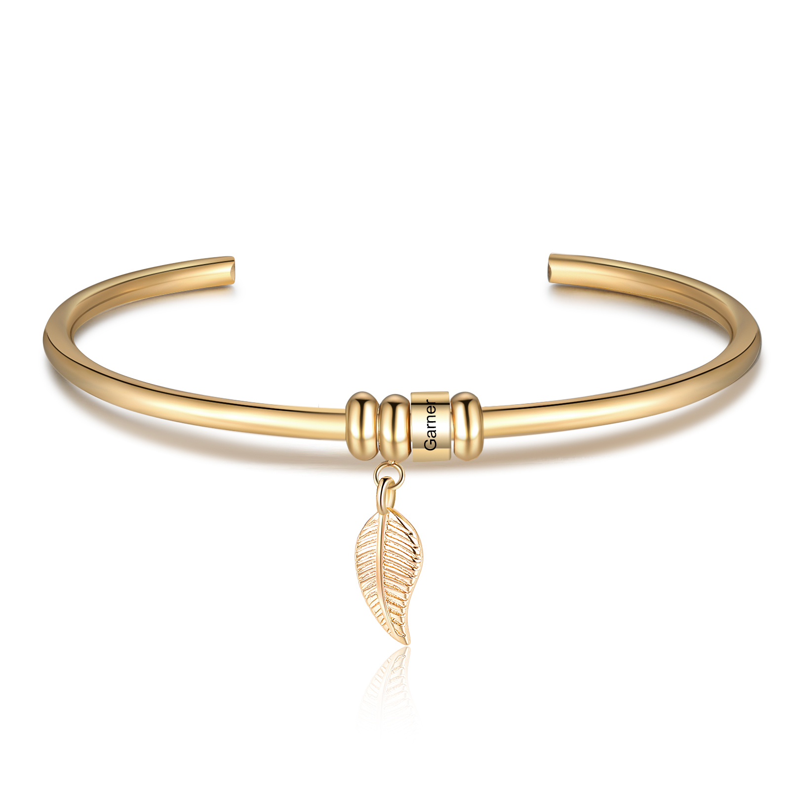 Bracelet jonc breloque feuille 1 prénom personnalisé