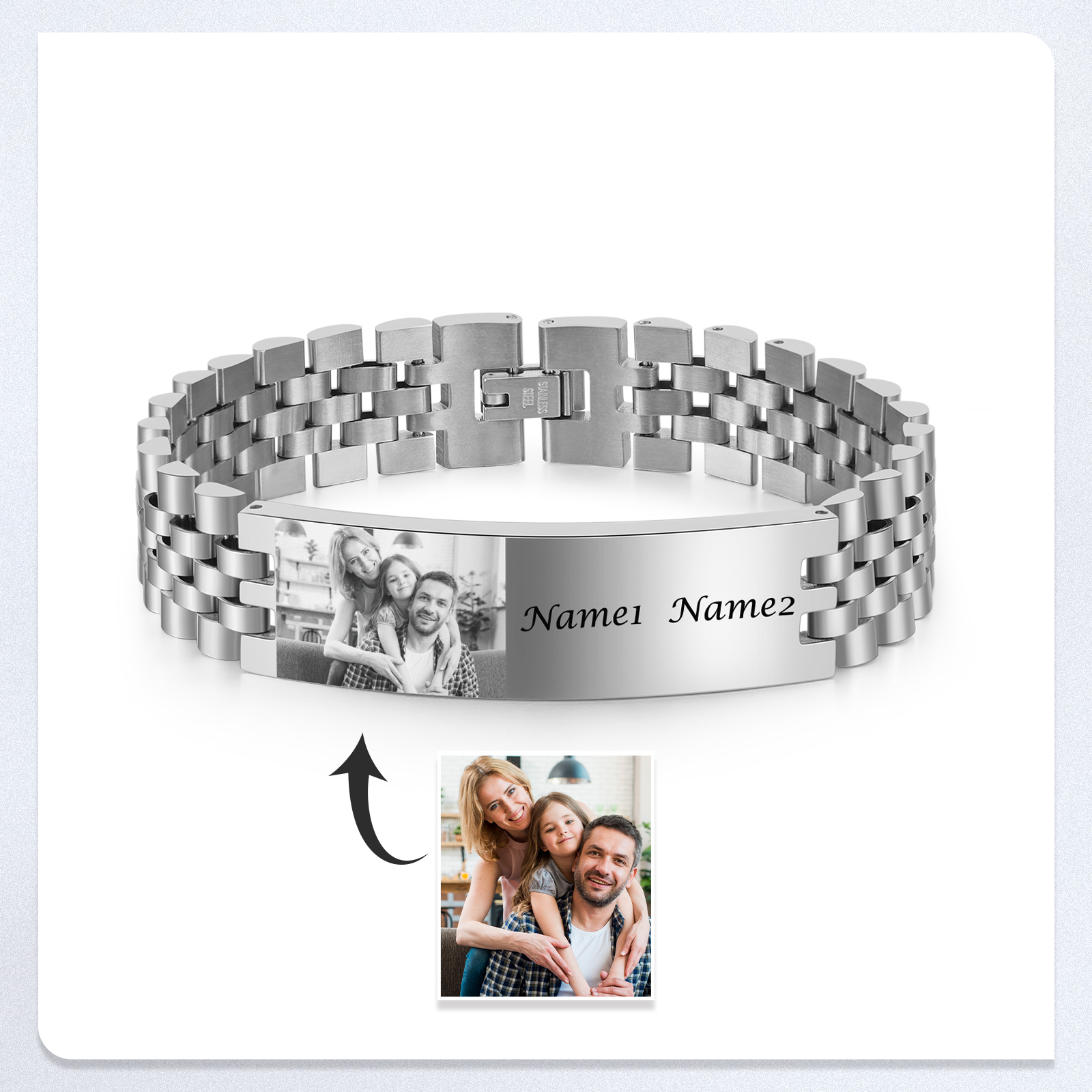 Pulsera de cadena personalizada con 2 nombres y 1 foto para hombre-Jessemade ES