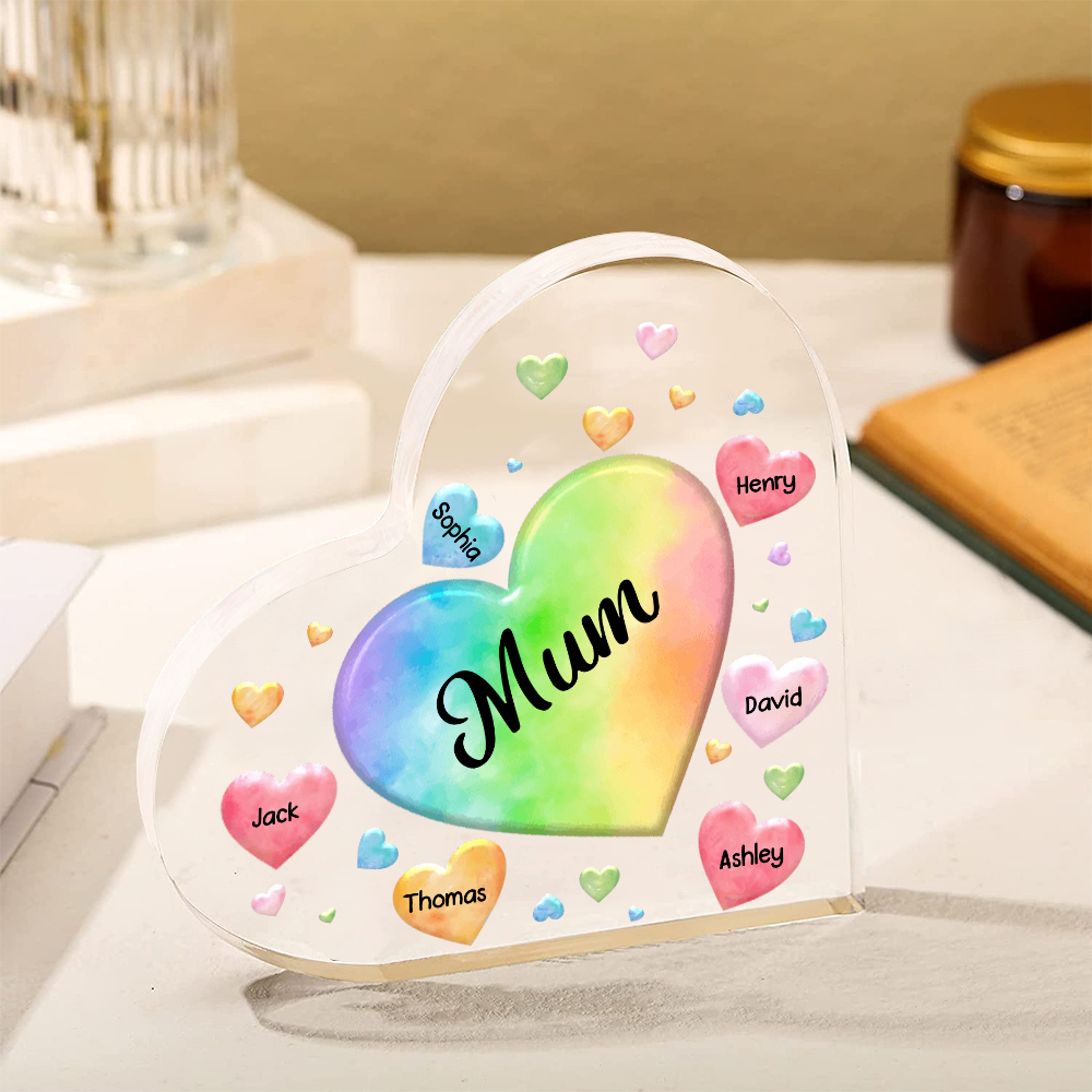 A mi mamá/abuela-Placa de acrílico "Corazones" en forma de corazón 6 nombres y 1 texto personalizados-Jessemade ES