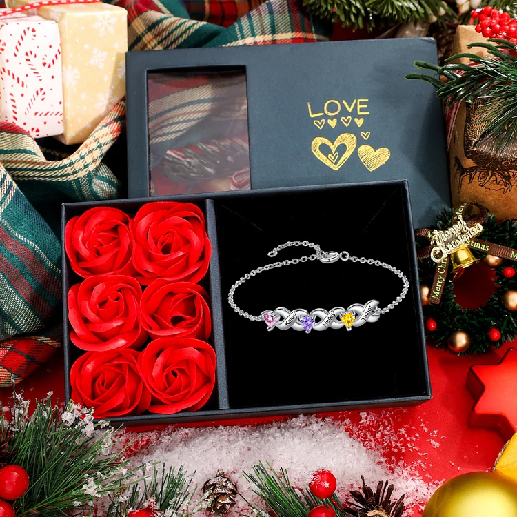 Pulsera infinito personalizada con 3 nombres y 3 piedras de nacimiento de corazón-Jessemade ES