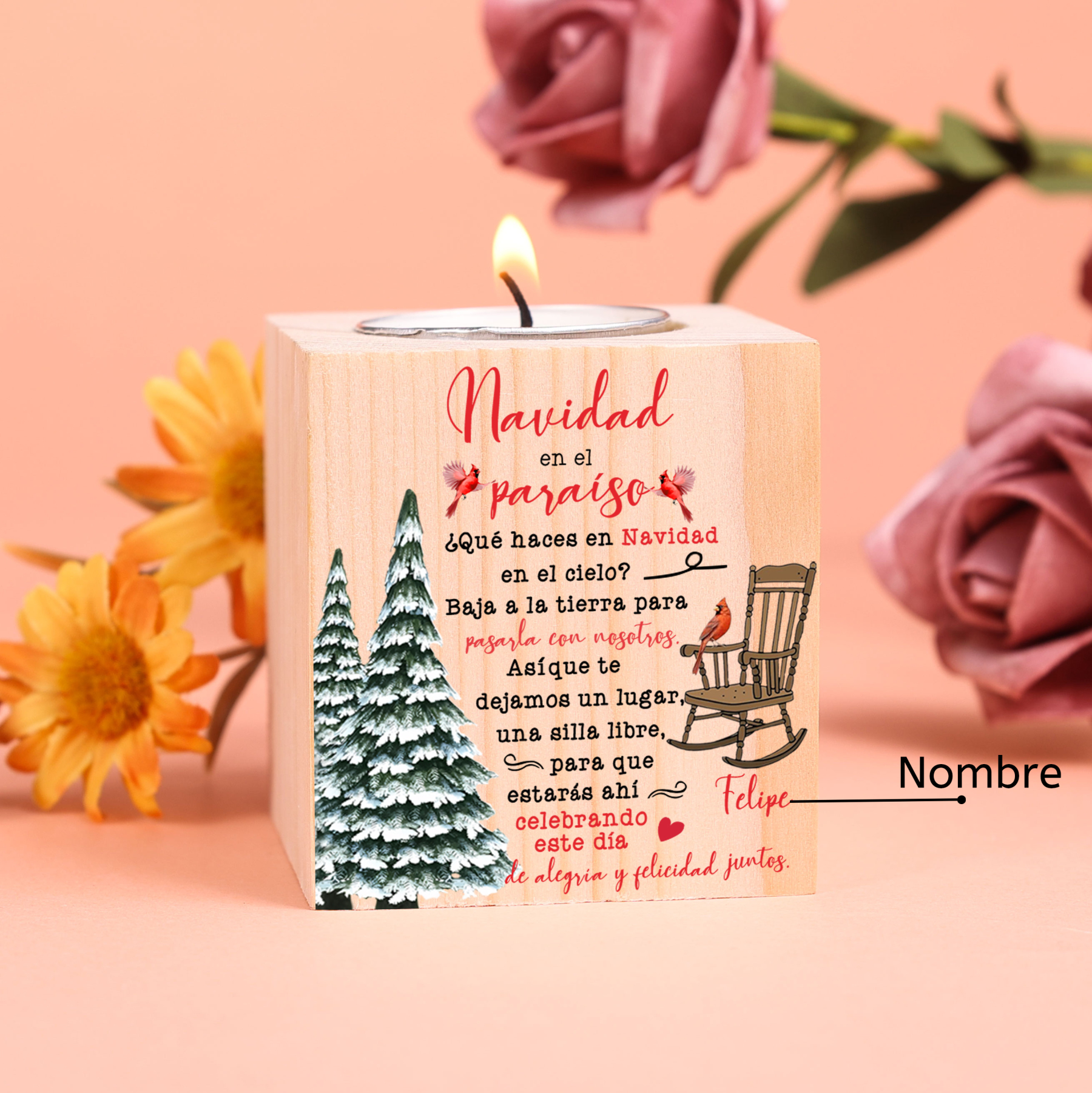Navidad en el paraíso-Candelero en memoria de ser querido personalizado con nombre de madera sin vela-Jessemade ES