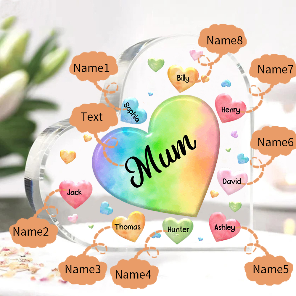 A mi mamá/abuela-Placa de acrílico "Corazones" en forma de corazón 8 nombres y 1 texto personalizados-Jessemade ES