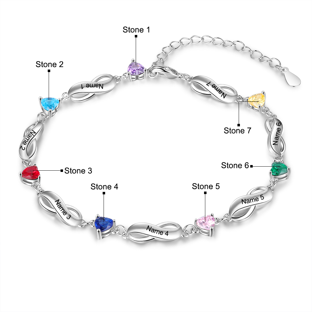 Pulsera "infinito" personalizada con 7 nombres y 7 piedras de nacimiento de corazón-Jessemade ES