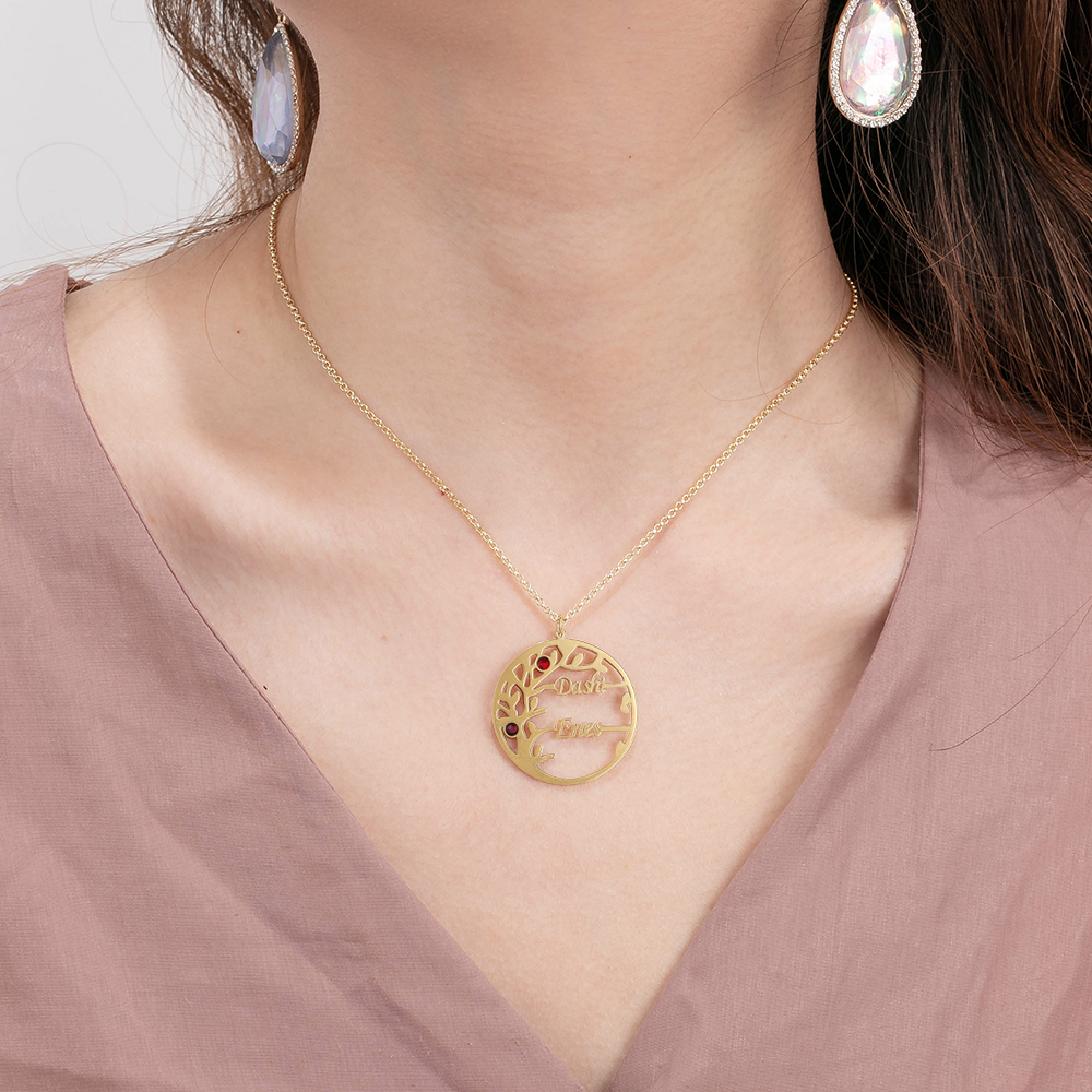 Collar de plata 925 Árbol de la Vida Árbol Genealógico 2 nombres y 2 piedras de nacimiento-Jessemade ES
