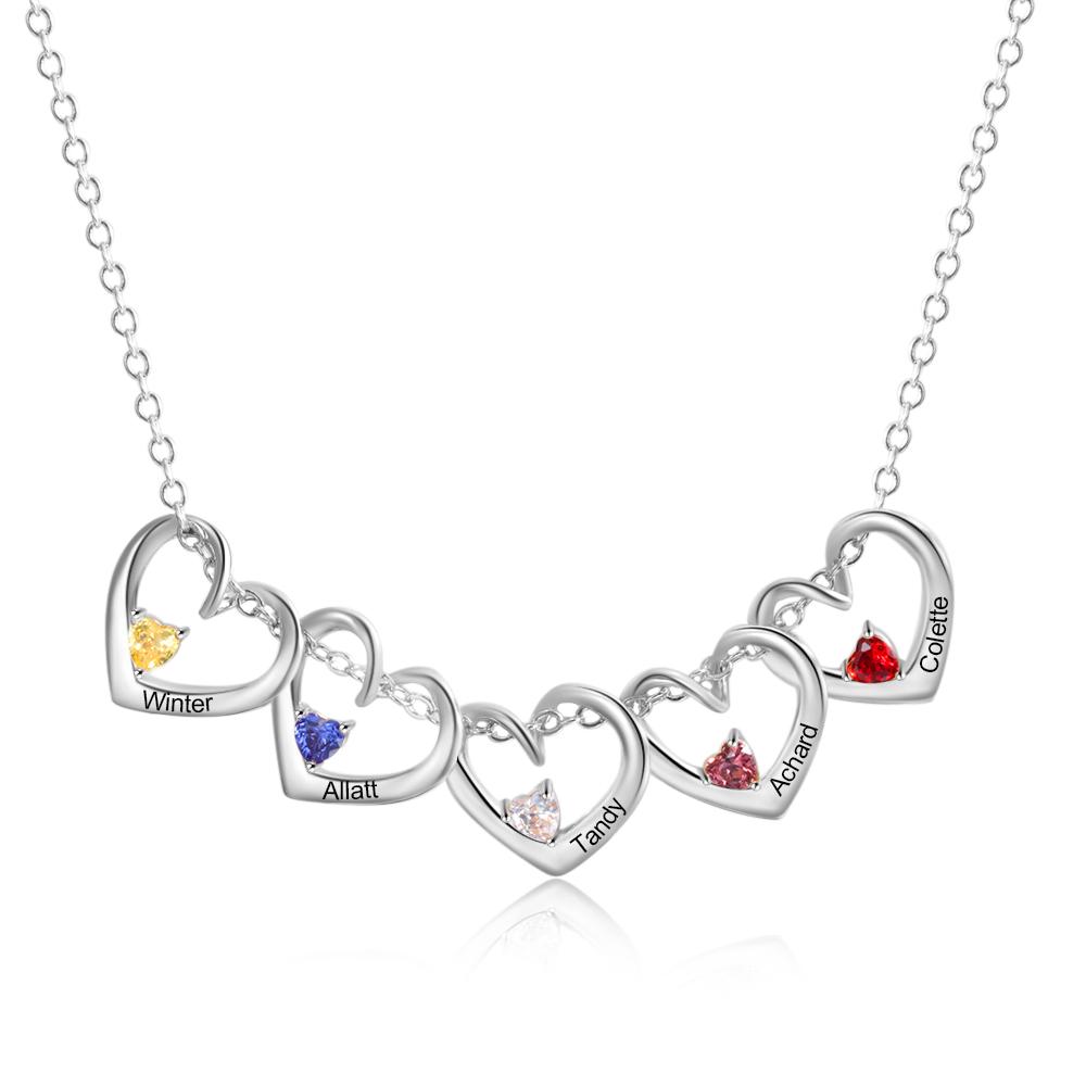 Collar de corazones con 1-5 nombres personalizados con piedras de nacimiento
