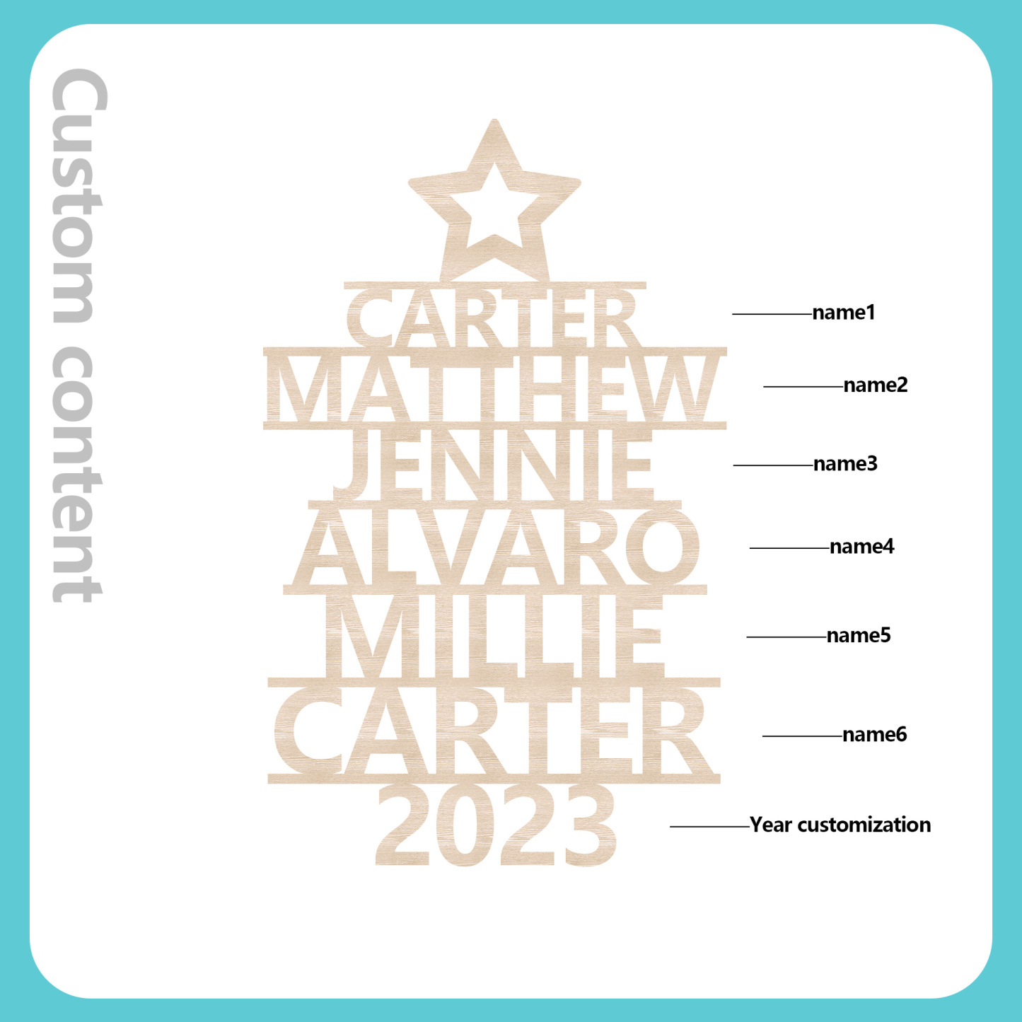 Navidad-Ornamento navideño de madera árbol de nombres con 6 nombres y año personalizados