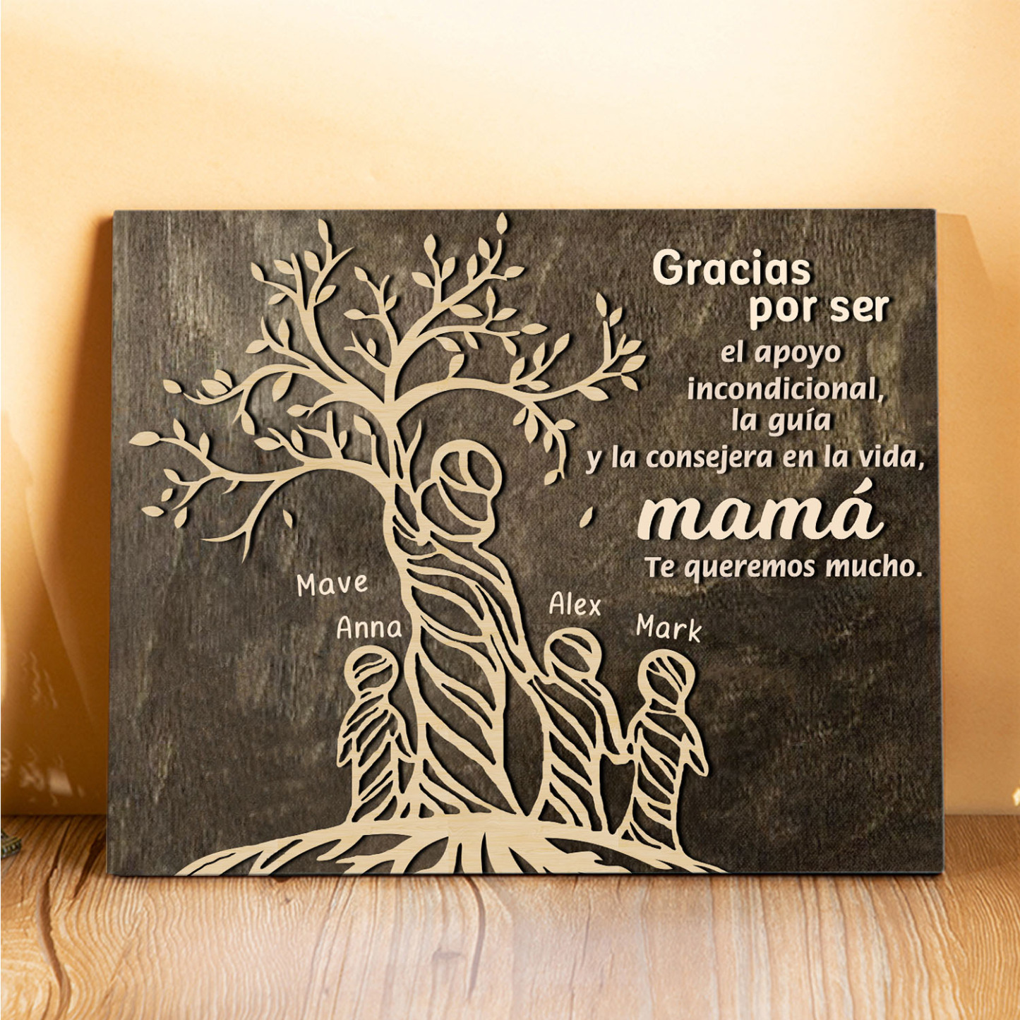 A mi mamá-Lámina mujer de árbol marco de madera personalizado con 4 nombres-Jessemade ES