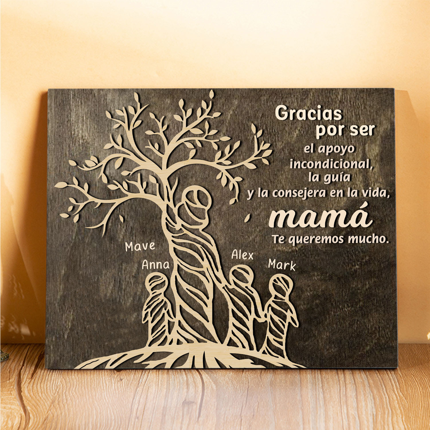 A mi mamá-Lámina mujer de árbol marco de madera personalizado con 4 nombres-Jessemade ES
