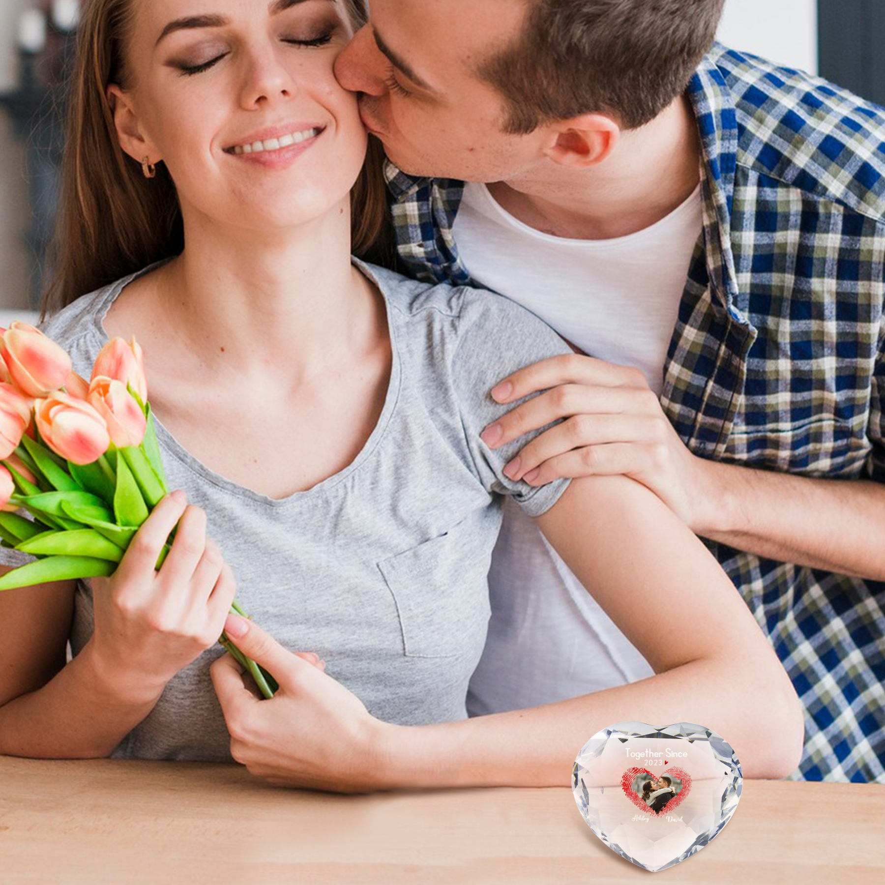 Decoración de vidrio de corazón con 2 Nombres, texto, año y foto personalizados para el AMOR-Jessemade ES
