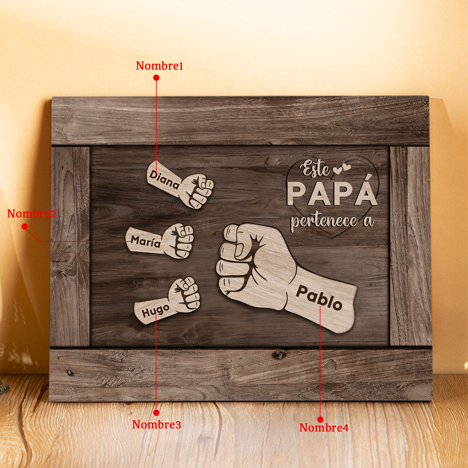 A mi papá - Lámina marco de madera puño con puño 4 nombres personalizados-Jessemade ES