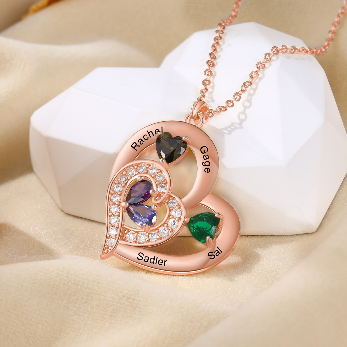 Collar corazón con 1-6 nombres personalizados y 1-6 piedras de nacimiento-Jessemade ES