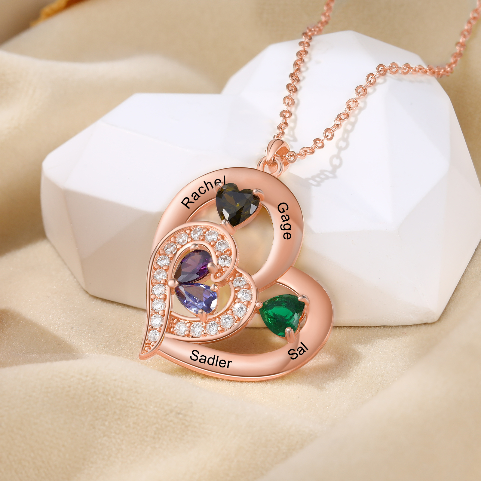 Collar corazón con 1-6 nombres personalizados y 1-6 piedras de nacimiento-Jessemade ES