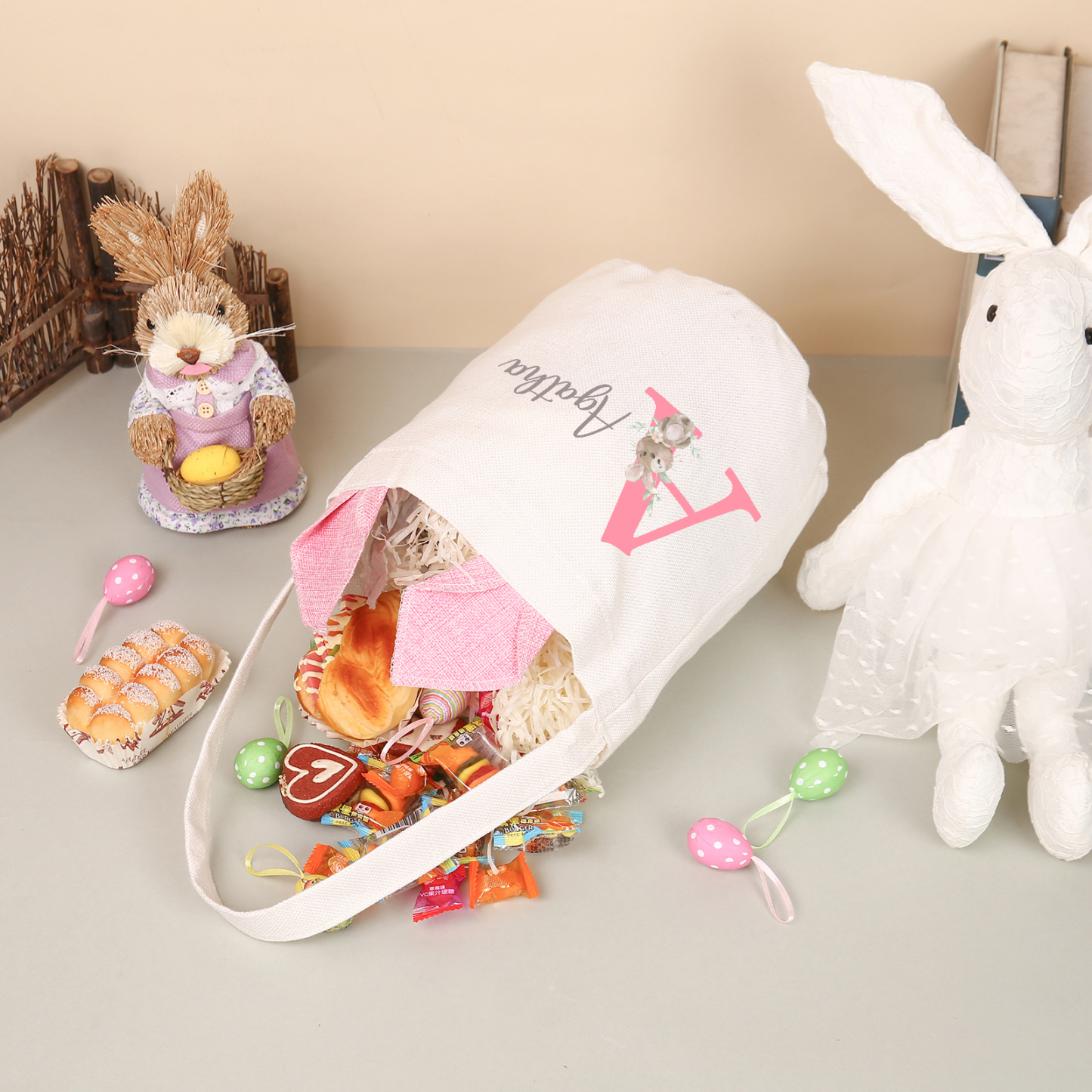 Pascua-Bolsa de conejo con 1 nombre y 1 letra personalizados-Jessemade ES