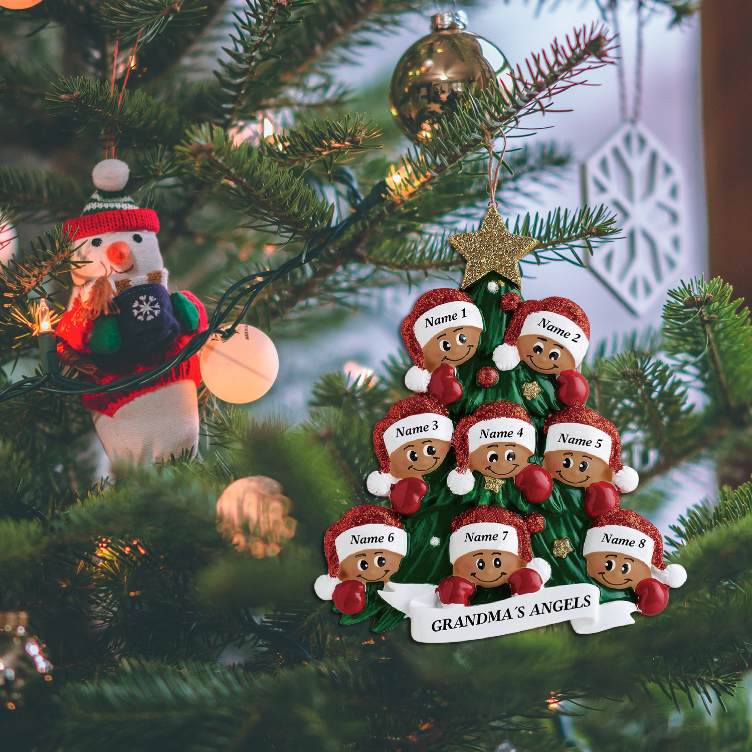 Navidad-Muñecos Piel Bronceada Ornamentos Navideños 2 nombres personalizados con texto Adorno de Madera